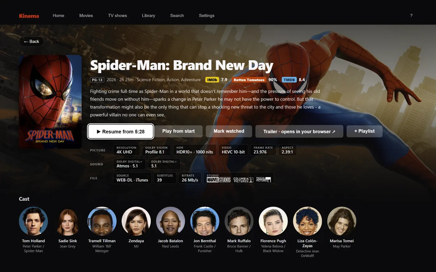 A film's detail page: poster, description, IMDb, Rotten Tomatoes and TMDB scores, badges for resolution, Dolby Vision profile, HDR format, sound format, frame rate and aspect ratio, and a row of cast portraits