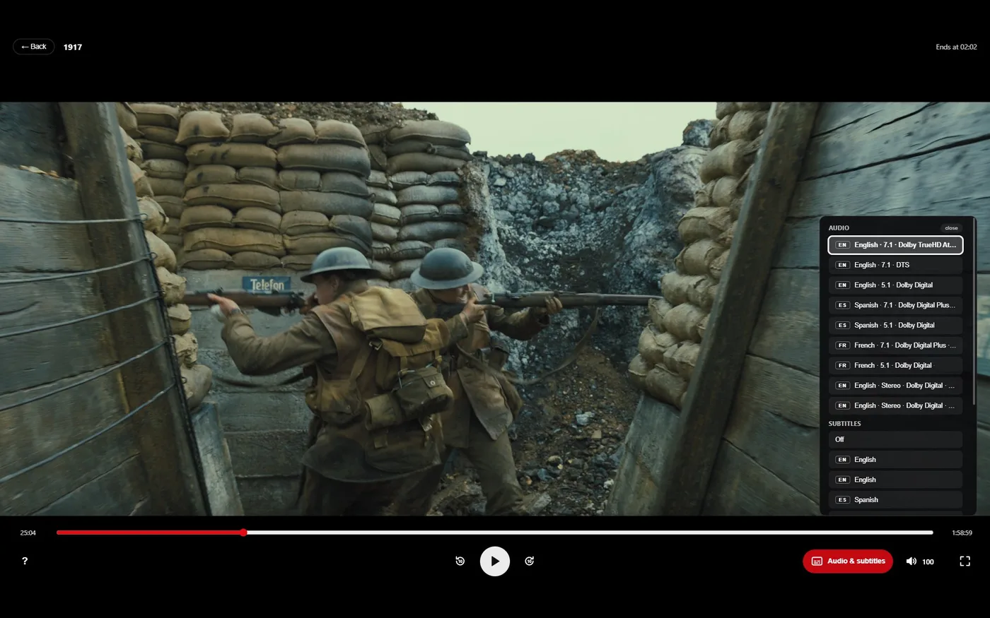 The player: a seek bar, transport buttons, volume and an Audio and subtitles button, with the list of audio tracks open on the right