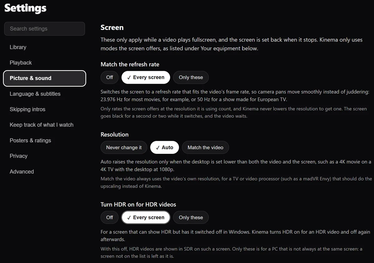 Settings, Picture & sound, Screen: Match the refresh rate, Resolution and Turn HDR on for HDR videos, each a row of plain choices with a short explanation of what it does