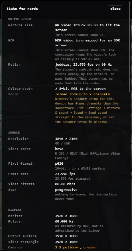 Kinema's playback details panel: output check, source, display and rendering sections listing the real refresh rate, frame cadence, scaler and colour pipeline